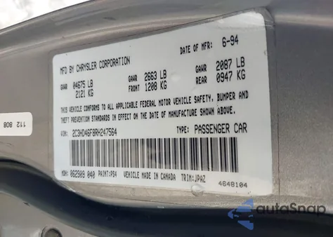 1994 Chrysler New Yorker Lh-Body z USA, uszkodzony, nr VIN 2C3HD46F8RH247564